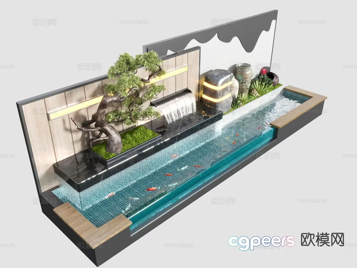 Courtyard fish pond water feature wall welcoming pine 3D model