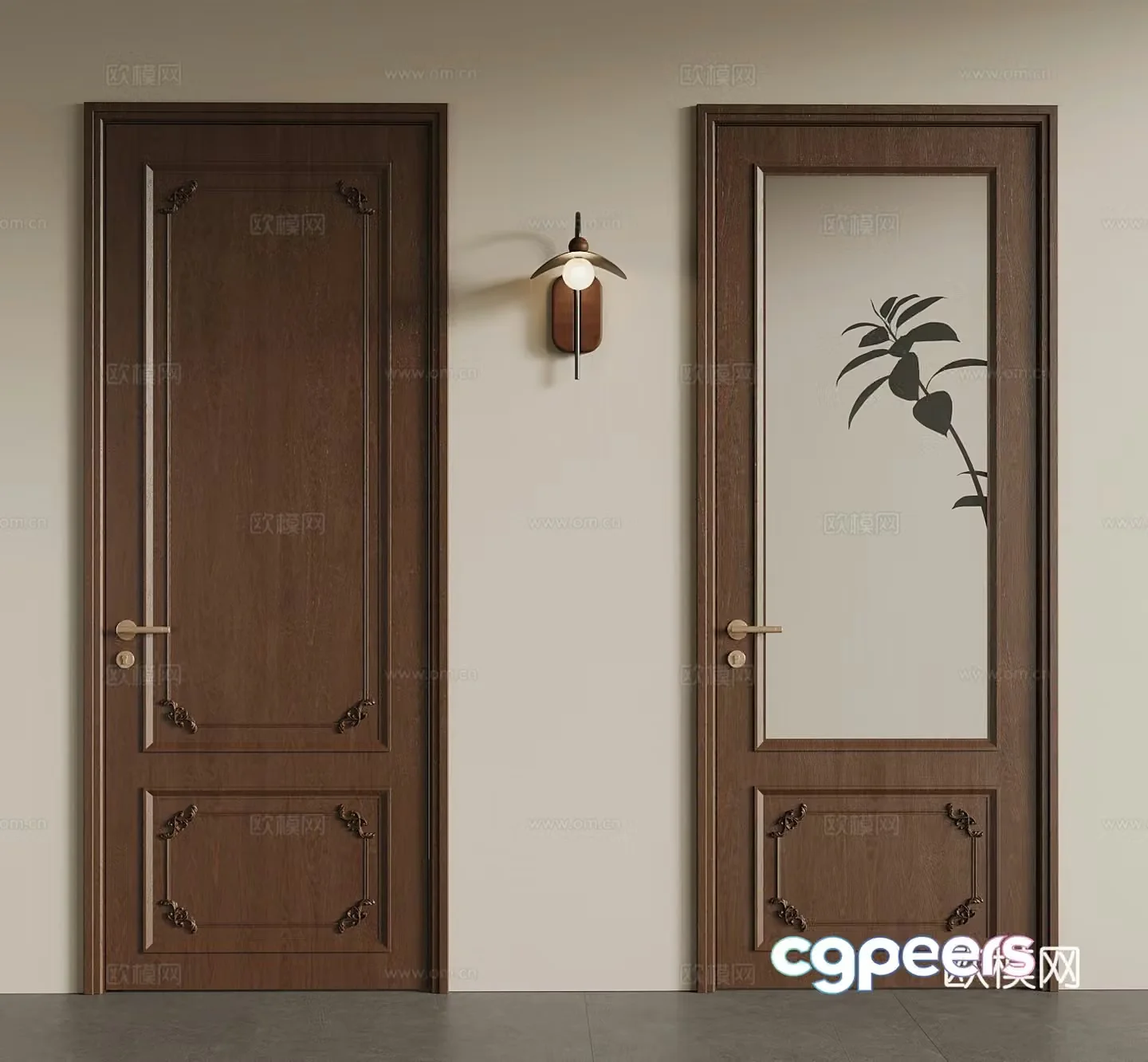 Medium style single-open door interior door glass door 3d model