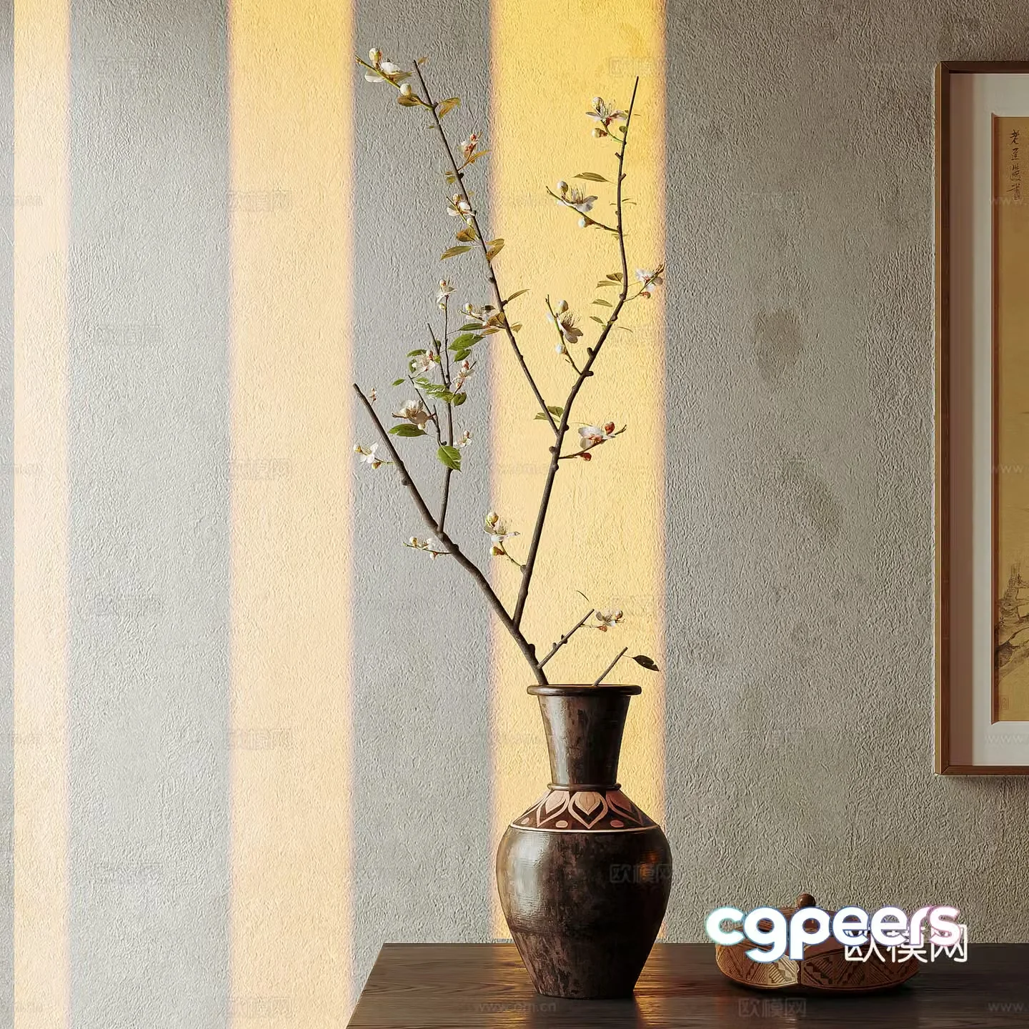 The ancient style of flowers arrangement porch ornaments vase pottery jar utensils stems and branches decorative paintings 3D model