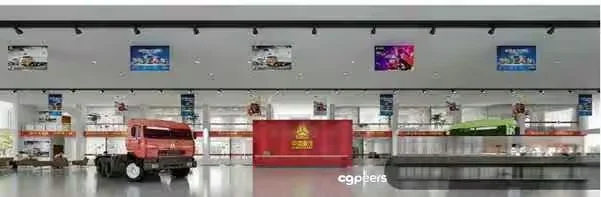 A Large Room With A Red Truck And Various Posters On The Ceiling 3D Model – 2457 – VRAY Render