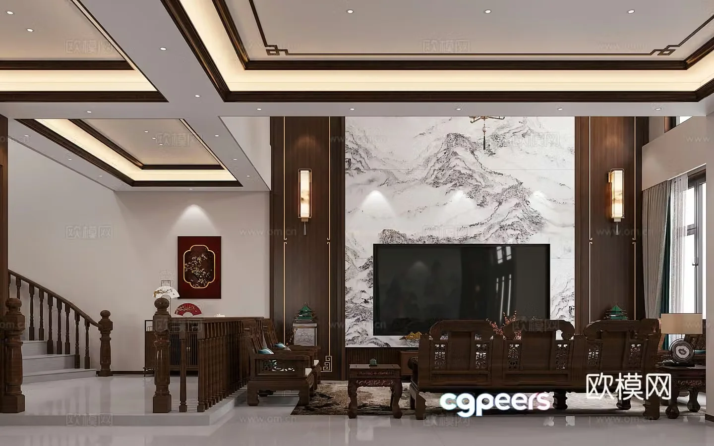 Chinese style empty living room 3D model