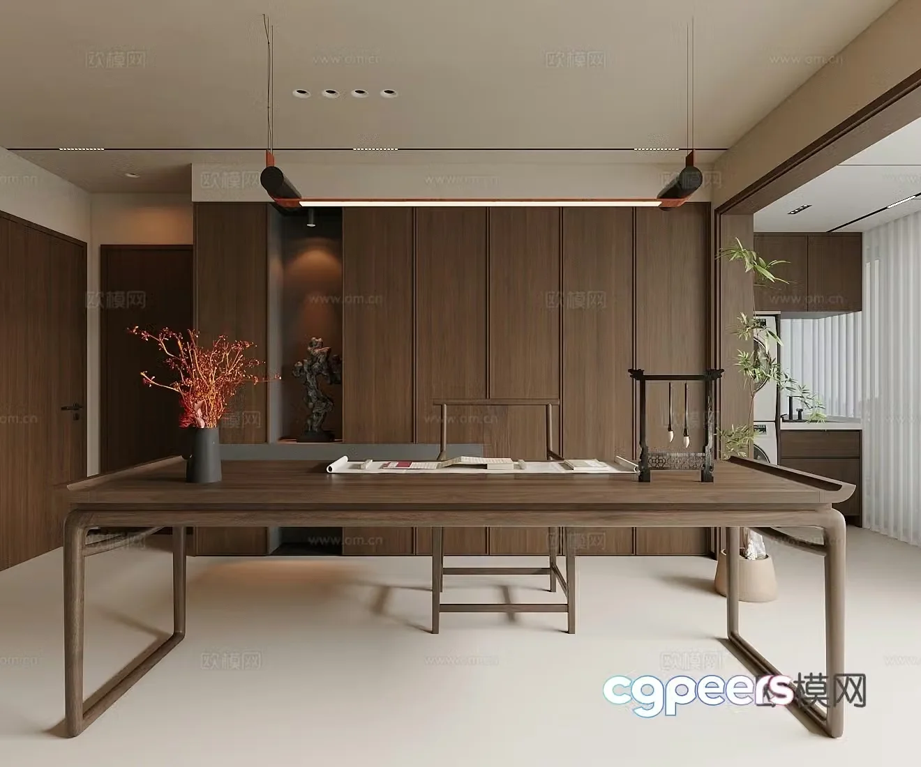New Chinese style Zen study living room study bedroom study open study solid wood desk and chair 3D model