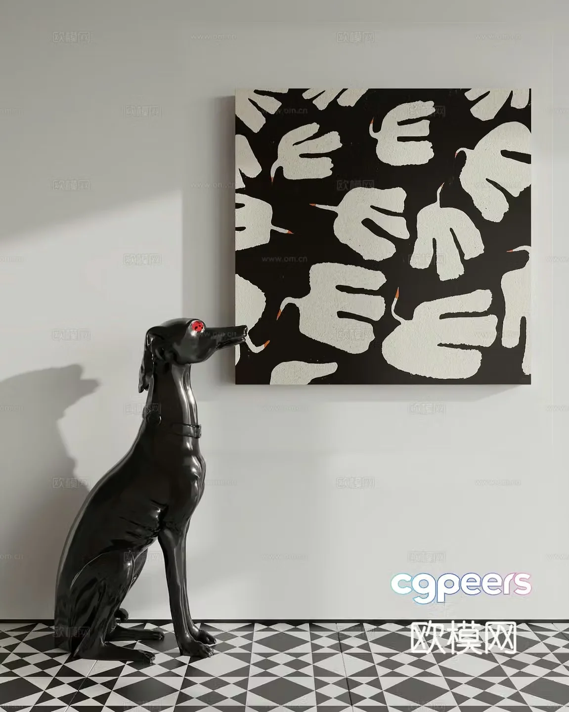 Modern black and white abstract art deco painting 3d model