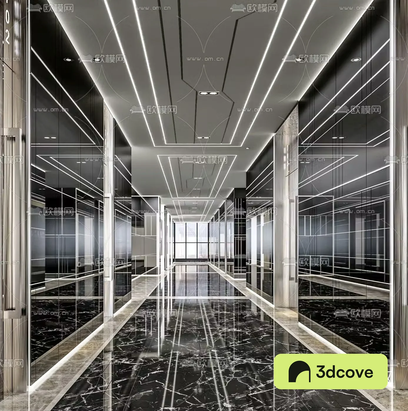 Postmodern hotel corridor aisle