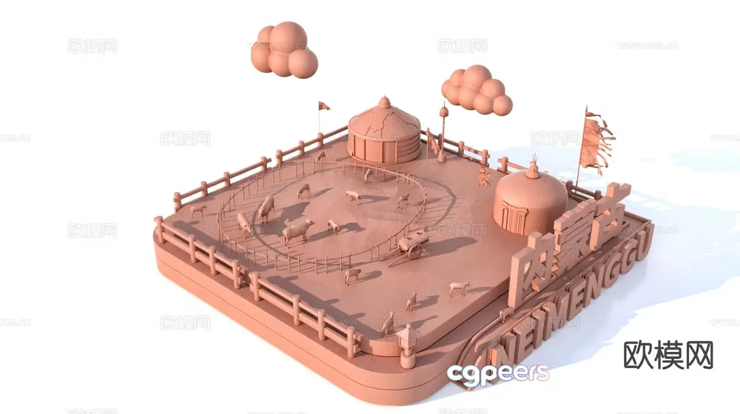 3D model of characteristic urban ancient buildings and scenic sculptures