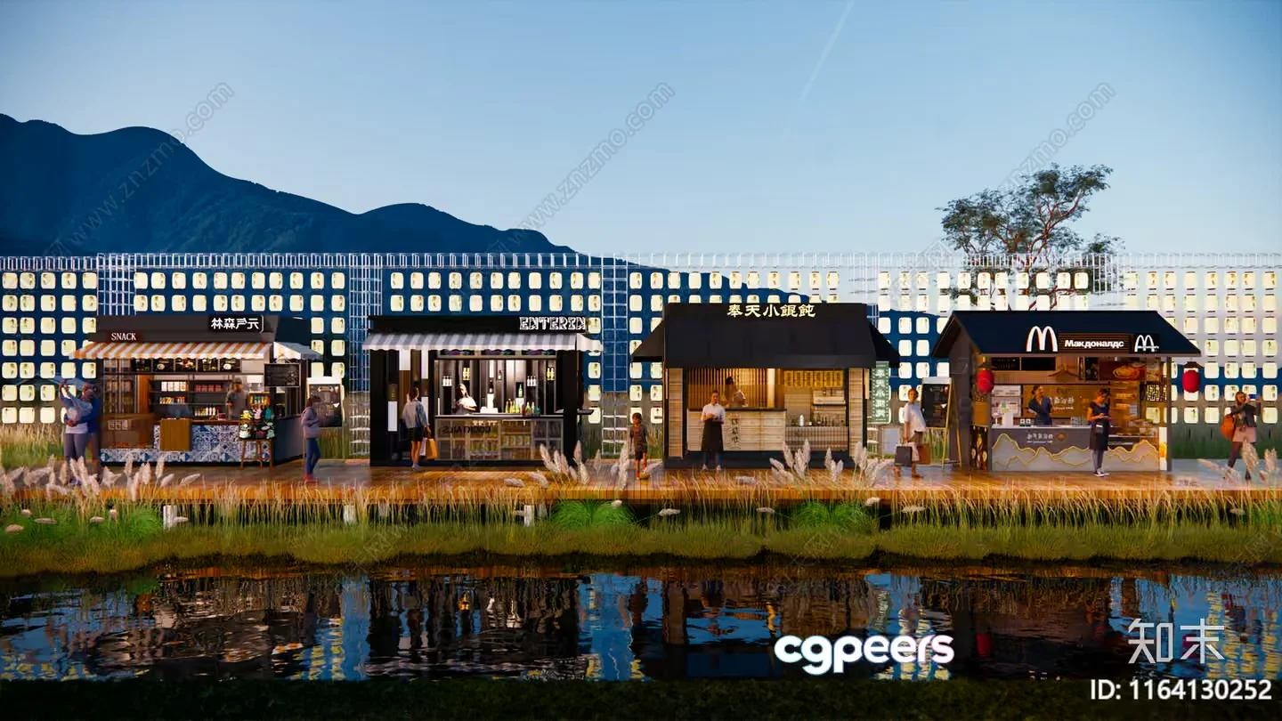 The Main Subject Is A Food Court With Various Restaurants And A Body Of Water 3D Model – 9829 – VRAY Render