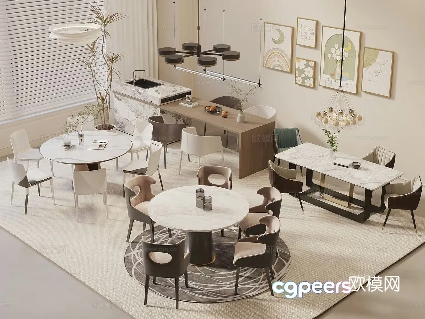 Modern cream style dining table and chair combination long table round table island dining table and chair combination restaurant chandeliers 3D model