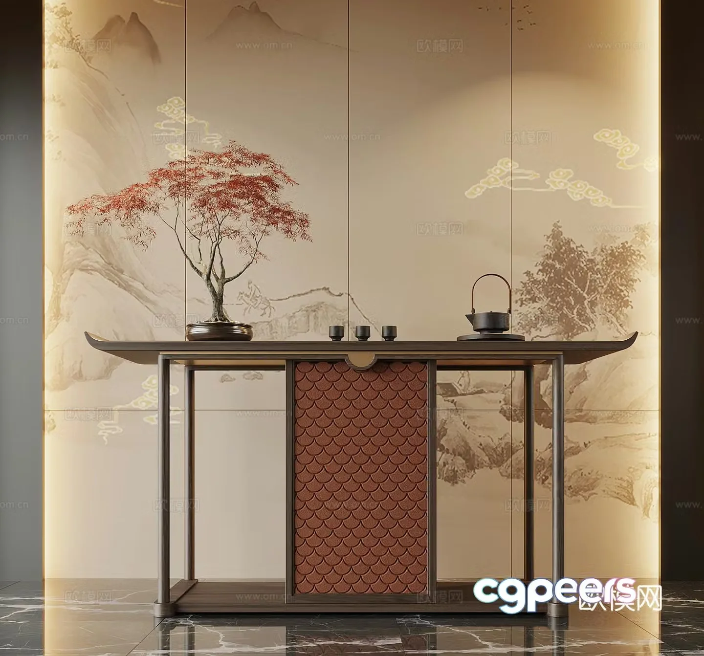 013 Entrance New Chinese style Entrance End Cabinet Entrance Cabinet Potted Bonsai Ornament 3D Model