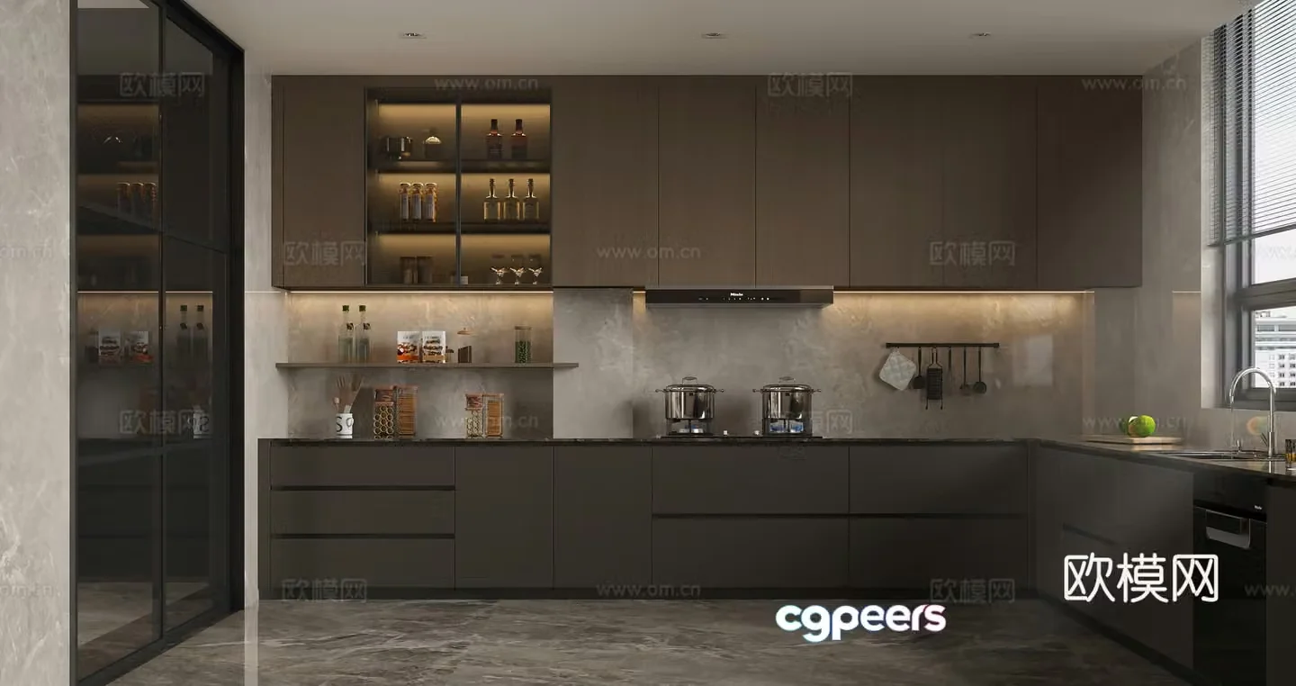 Italian minimalist kitchen L-shaped dark coffee-type kitchen ornaments gas stove range hood drawer glass hanging 3D model