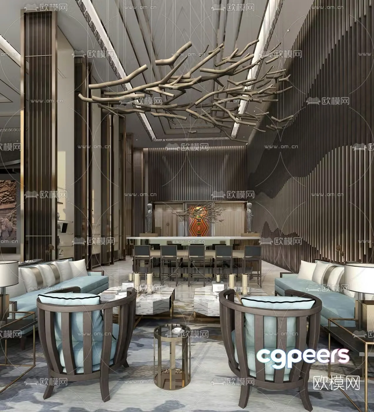 New Chinese-style hotel lobby bar seating area 3D model