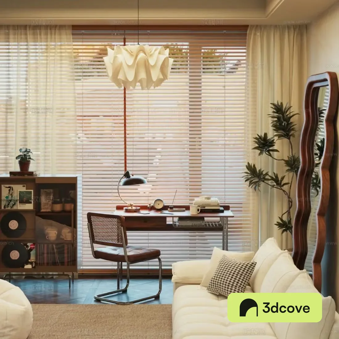 Medium retro study desk and chair combination cream sofa full-body mirror