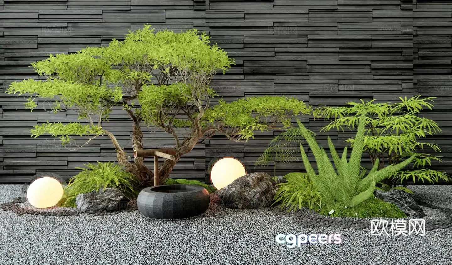 New Chinese-style plant pile garden sketch stone flowers and plants water bowl 3D model