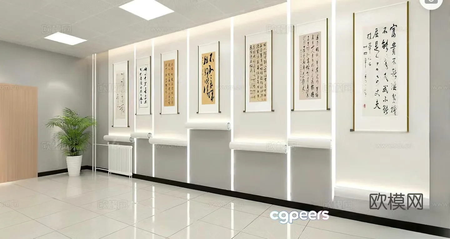 Modern Art Hall Painting Hall Calligraphy Hall Theme Wall Cultural Wall Calligraphy Theme Wall 3D Model