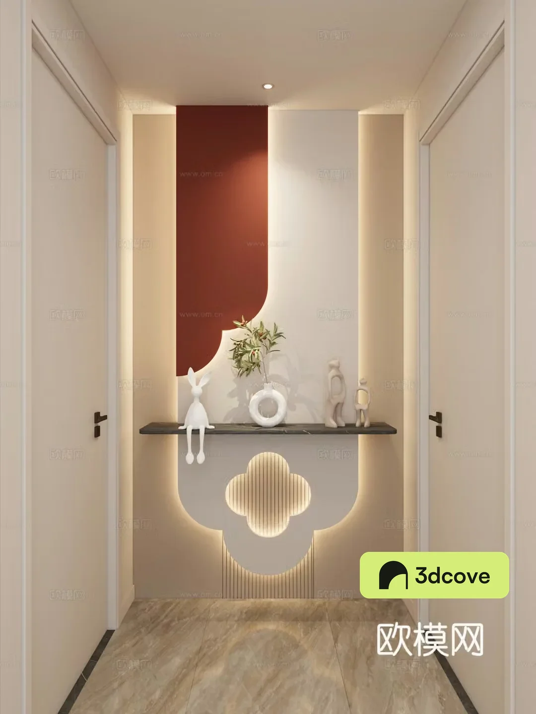 Simple creamy style curved shape Hermes orange marble corridor end view