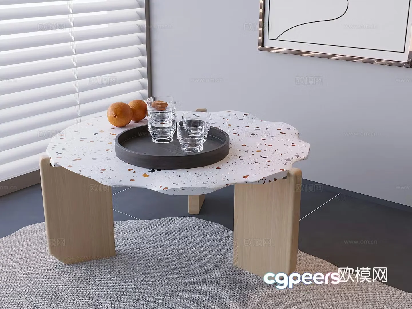 Creamy style tea table tea cup water cup tray 3d model