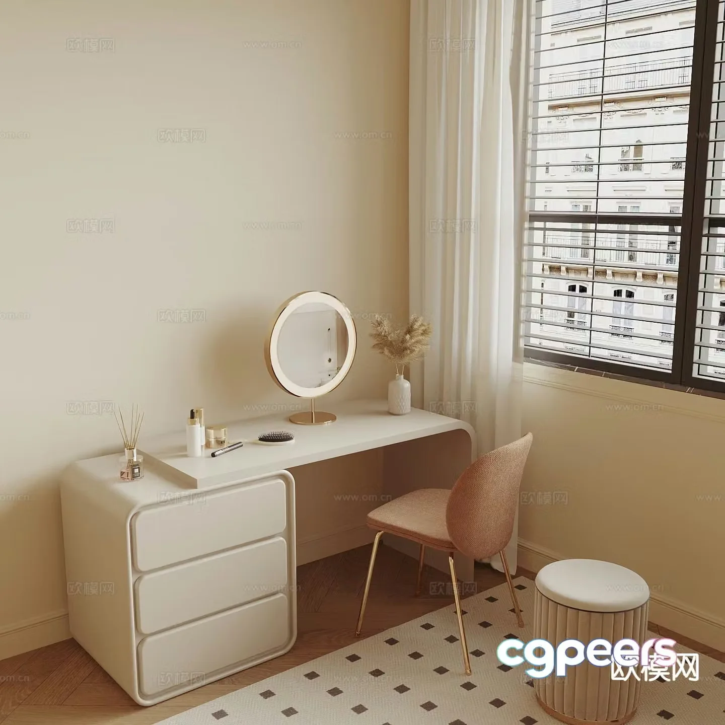 Cream style dressing table cosmetic mirror 3d model