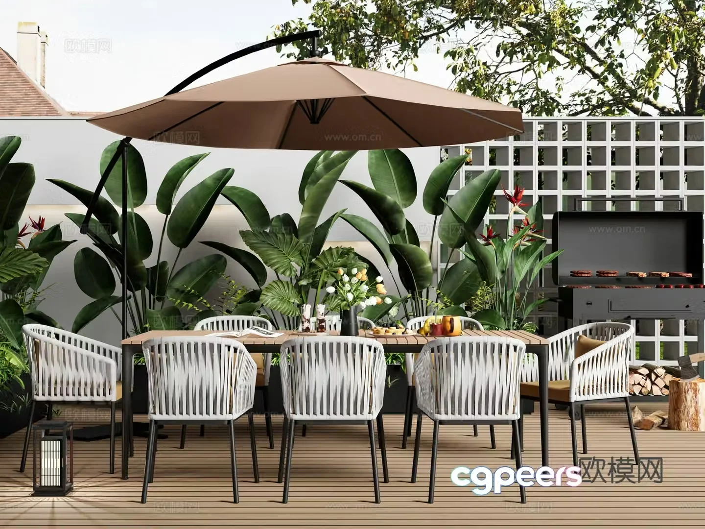 Modern outdoor table and chairs courtyard leisure table and chairs outdoor dining table and chairs plant combination barbecue grill 3d model
