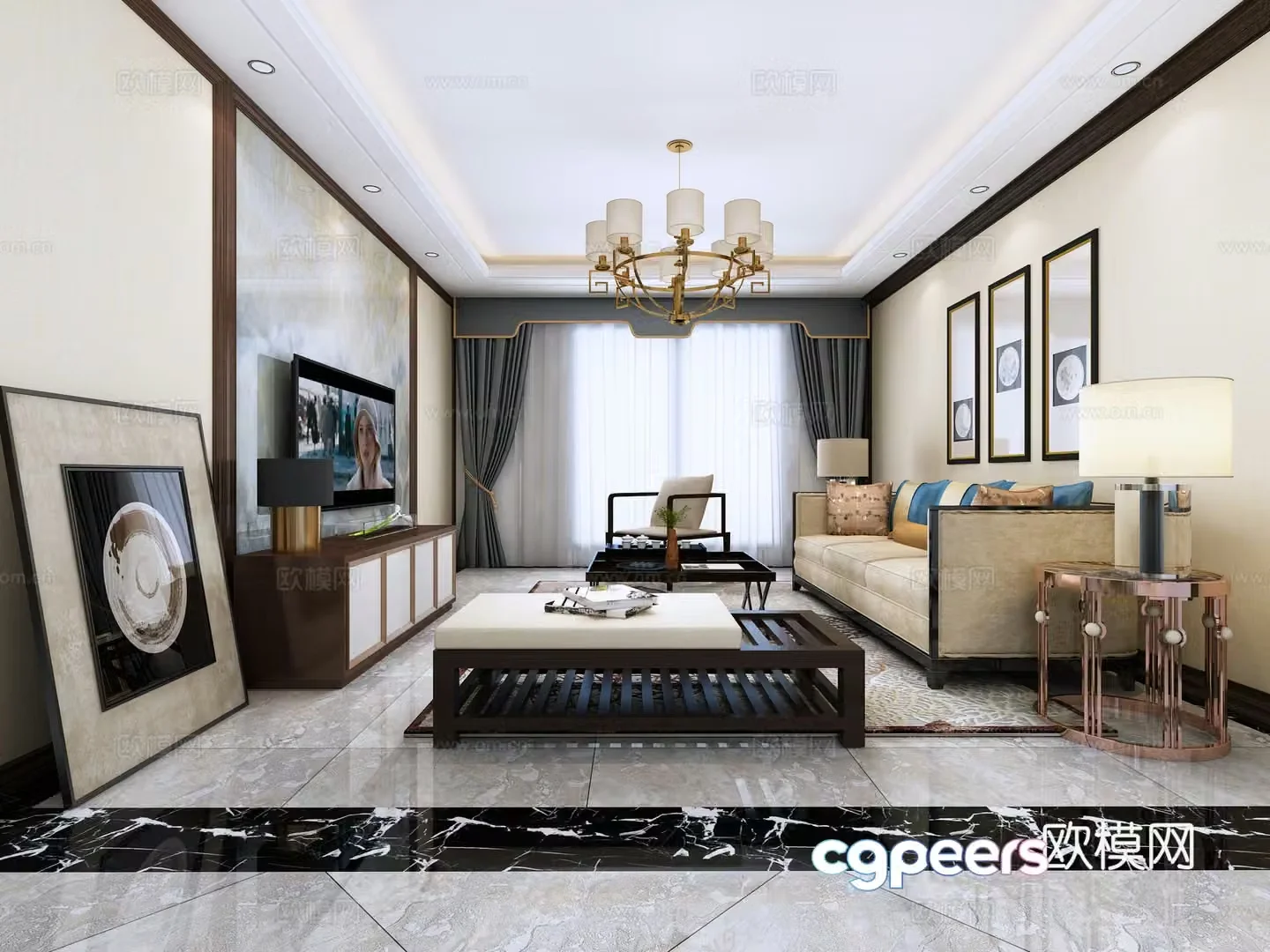 New Chinese style living room sofa chandelier 3d model