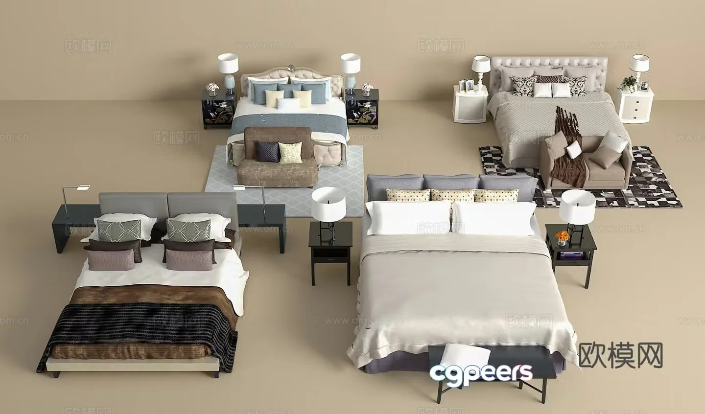Double bed combination bedside table jewelry ornaments desk lamp carpet pillow 3D model