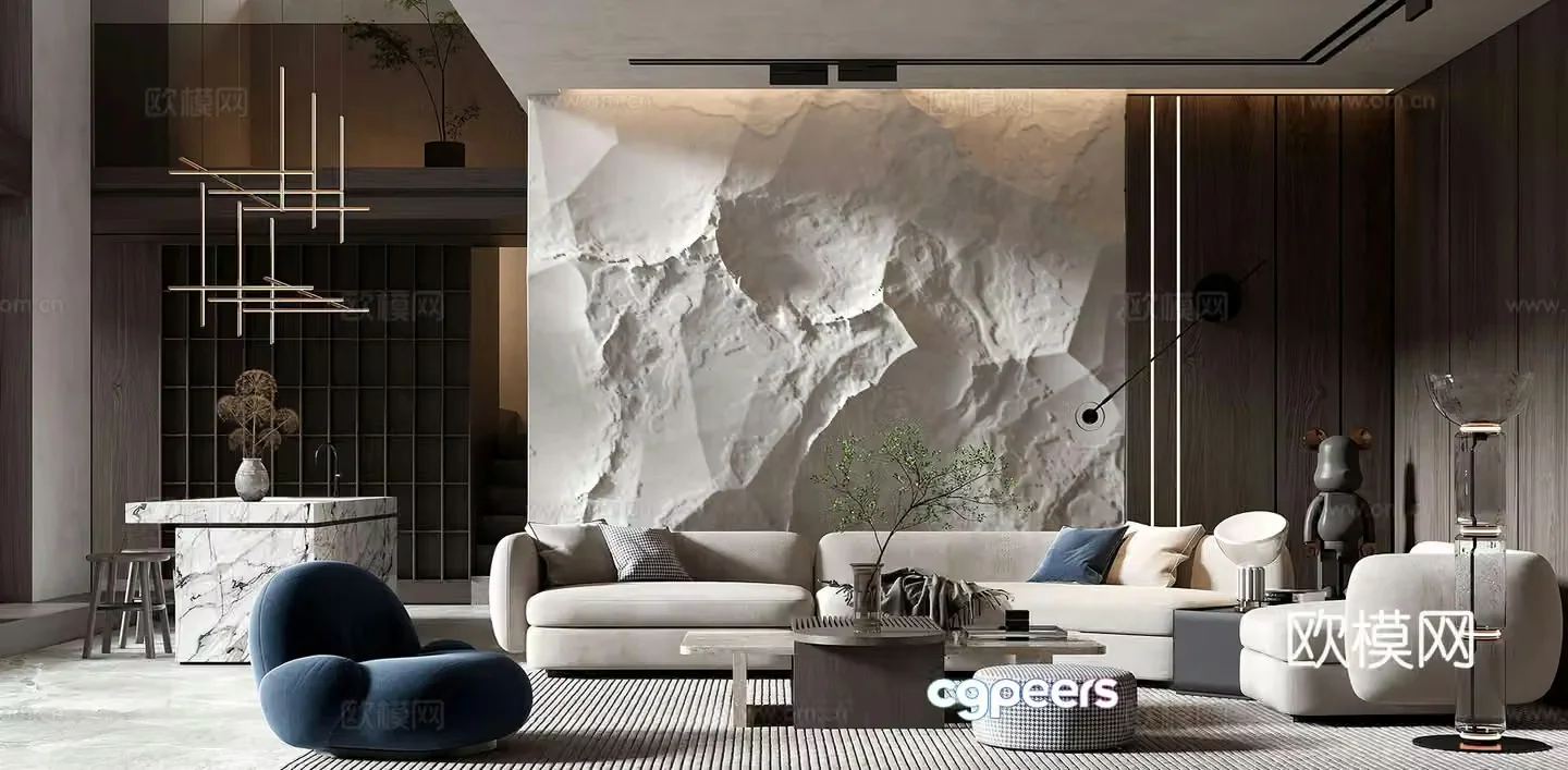 Modern living and dining room combination sofa dining table bar island Italian living room simple black and white 3D model