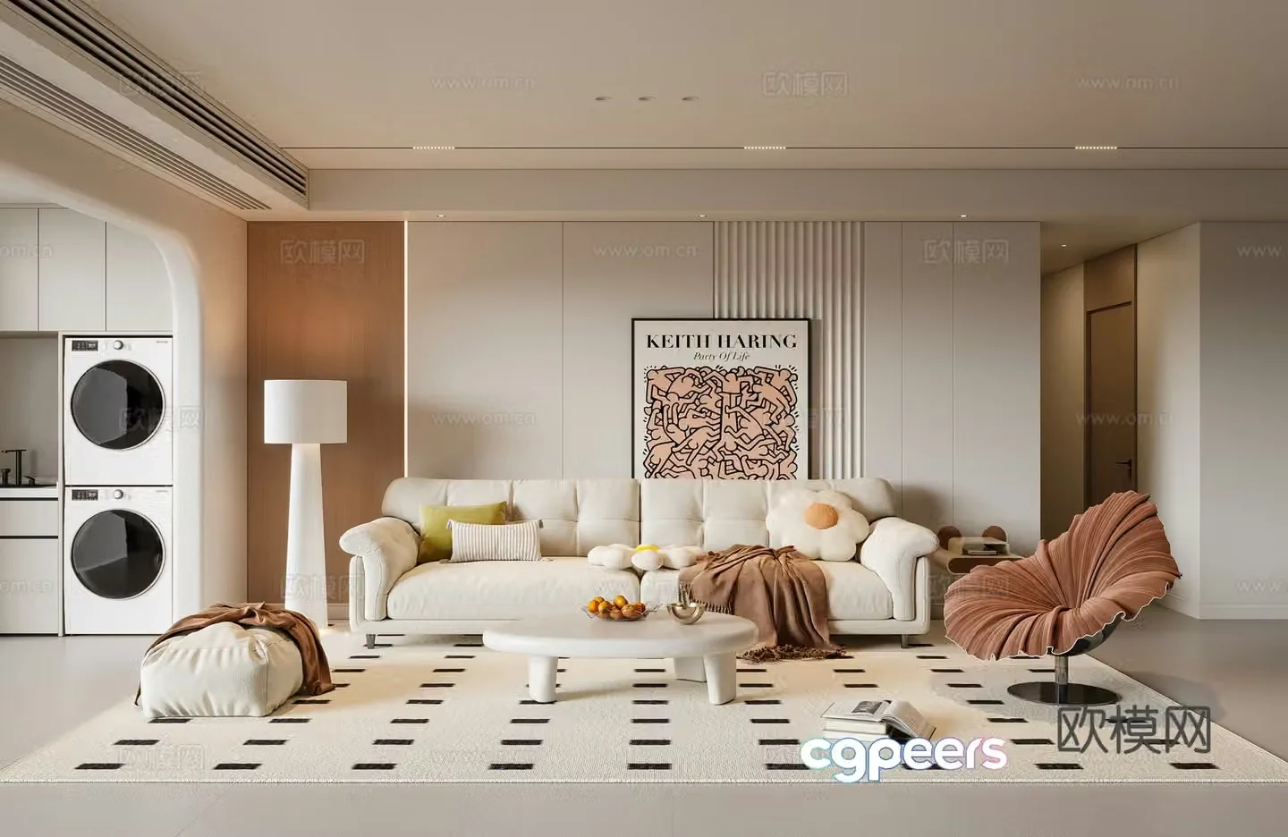 Modern creamy living room sofa coffee table casual sofa painting floor lamp 3d model