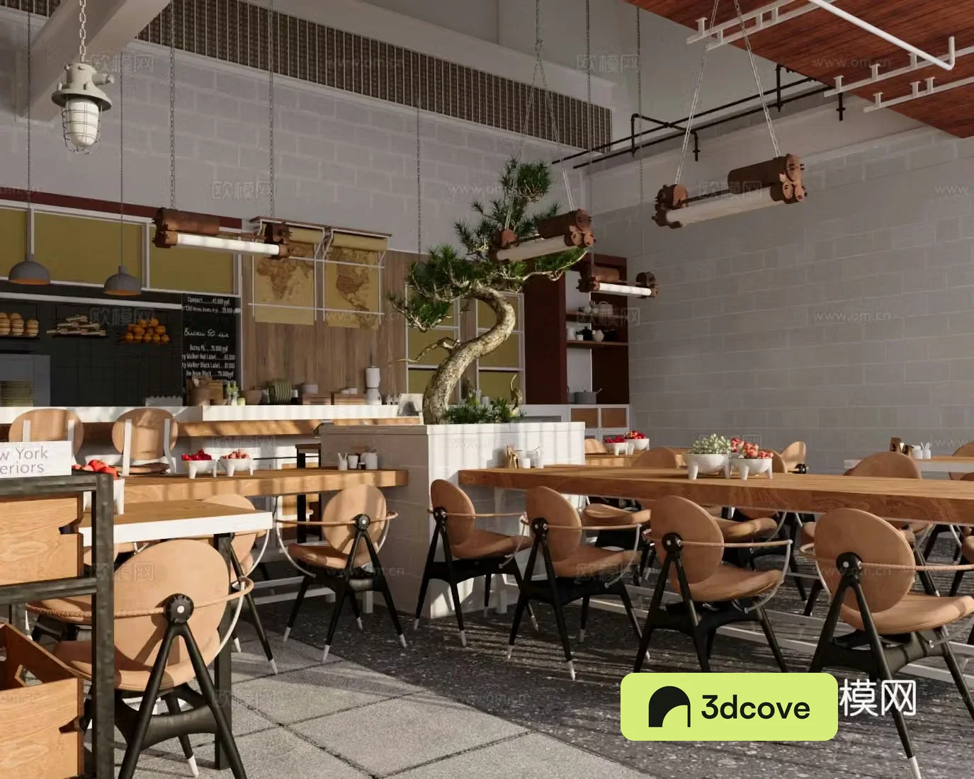 Middle-aged cafe cafe dining table and chair combination beverage operation table chandelier green plant 3D model