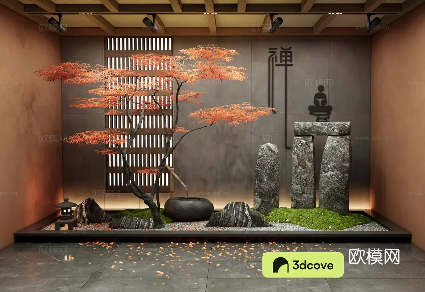 New Chinese style courtyard landscape sketch Interior landscape Stone Water bowl Red maple landscape tree