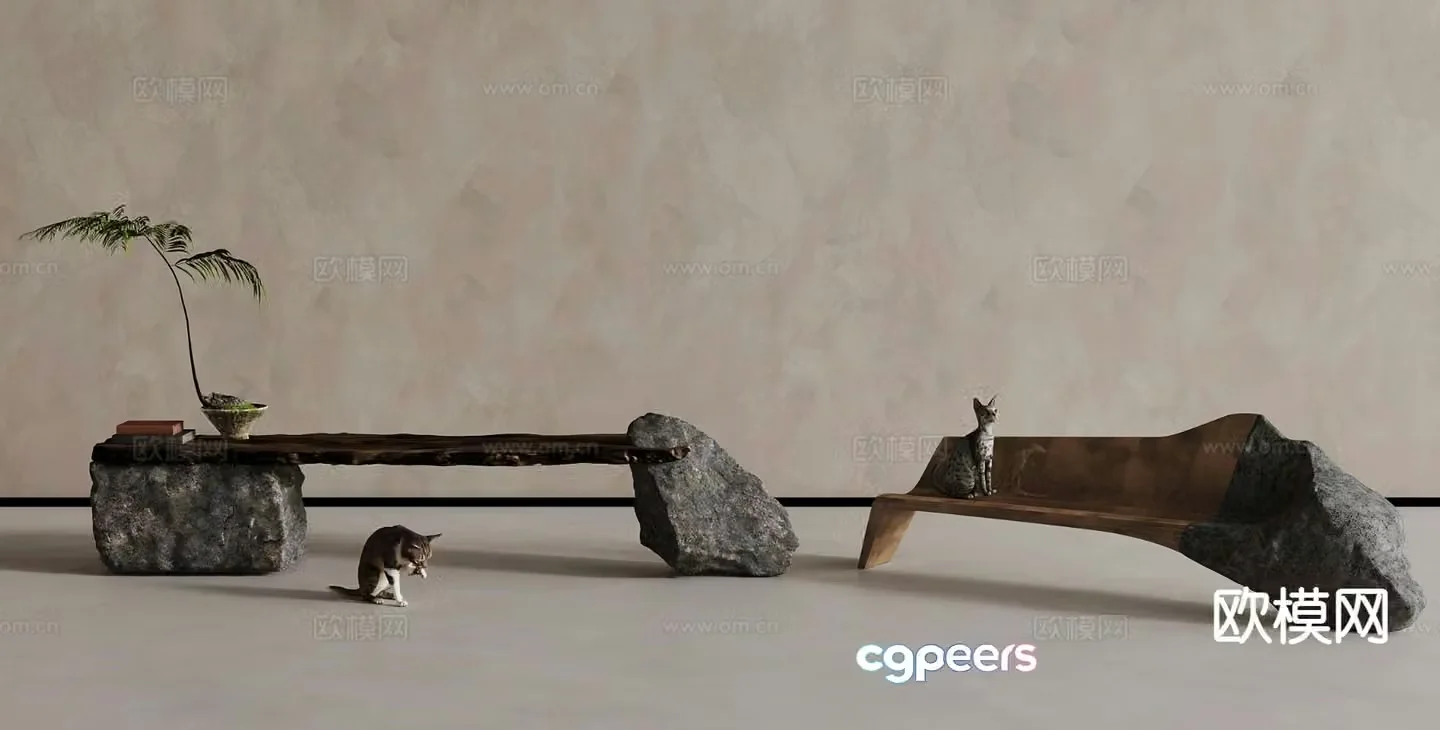 Wabi Sabi stool rough stone bench 3d model