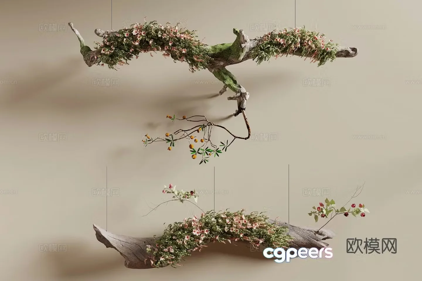 Dead wood green plants 3d model