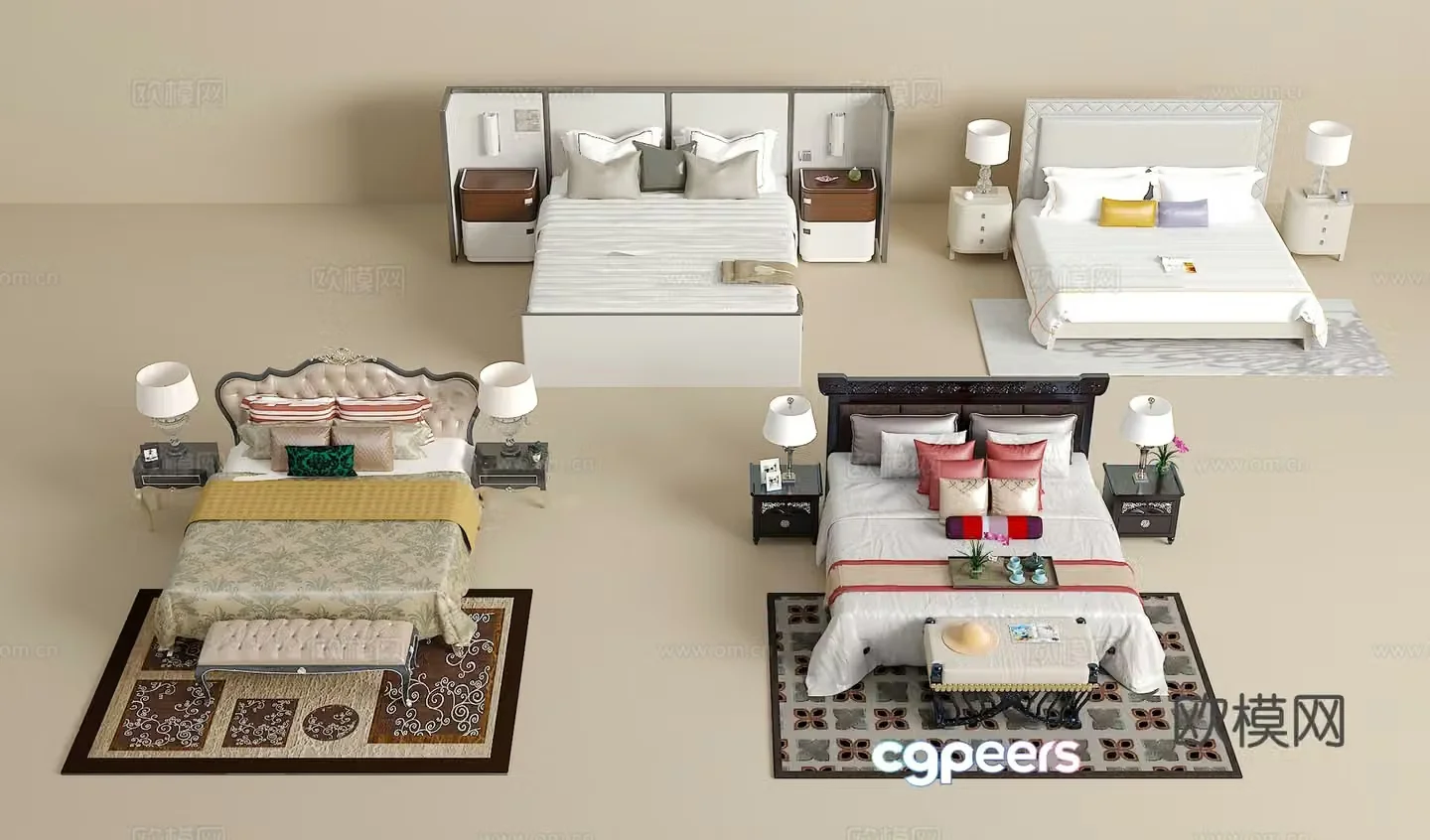 Double bed combination bedside table jewelry ornaments desk lamp carpet pillow 3D model