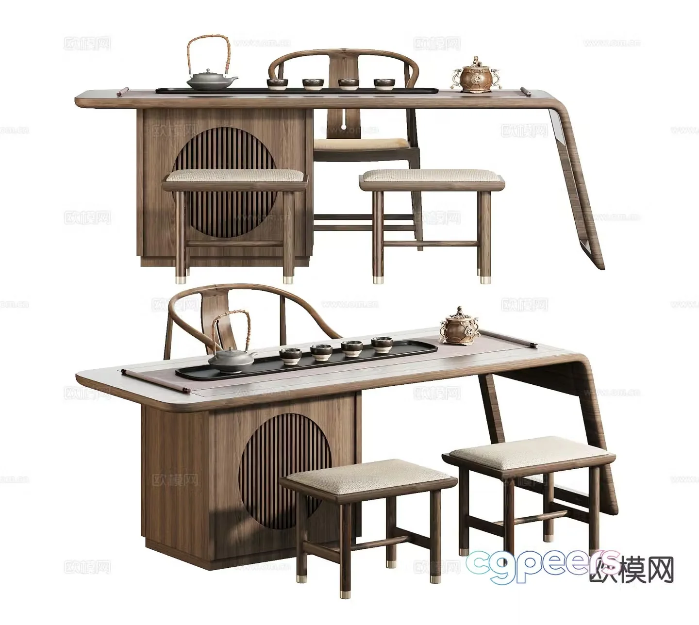 New Chinese tea table and chairs 3d model