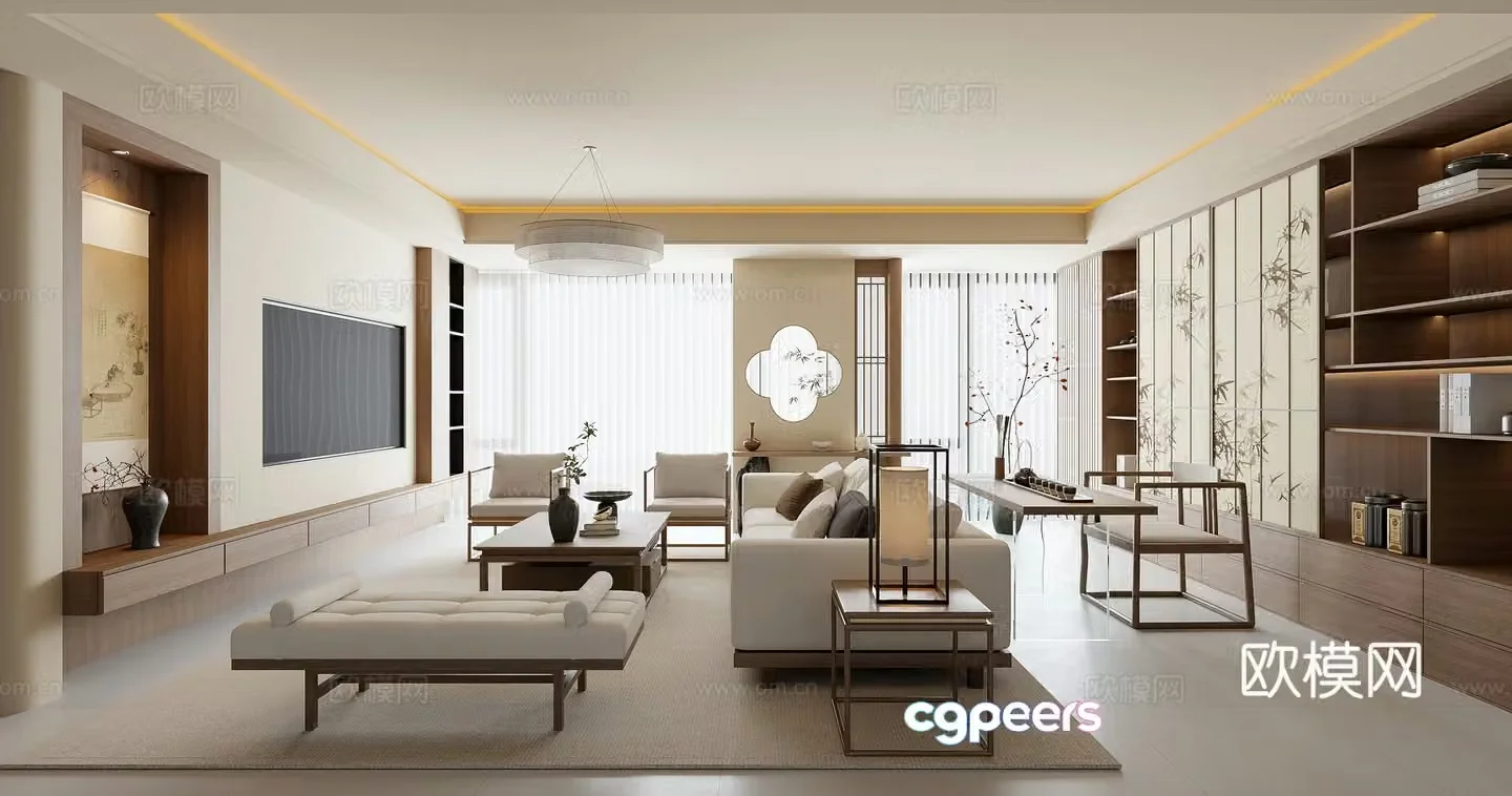 New Chinese style living room study Song style living room study Sofa coffee table Desk chair TV background Book 3D model