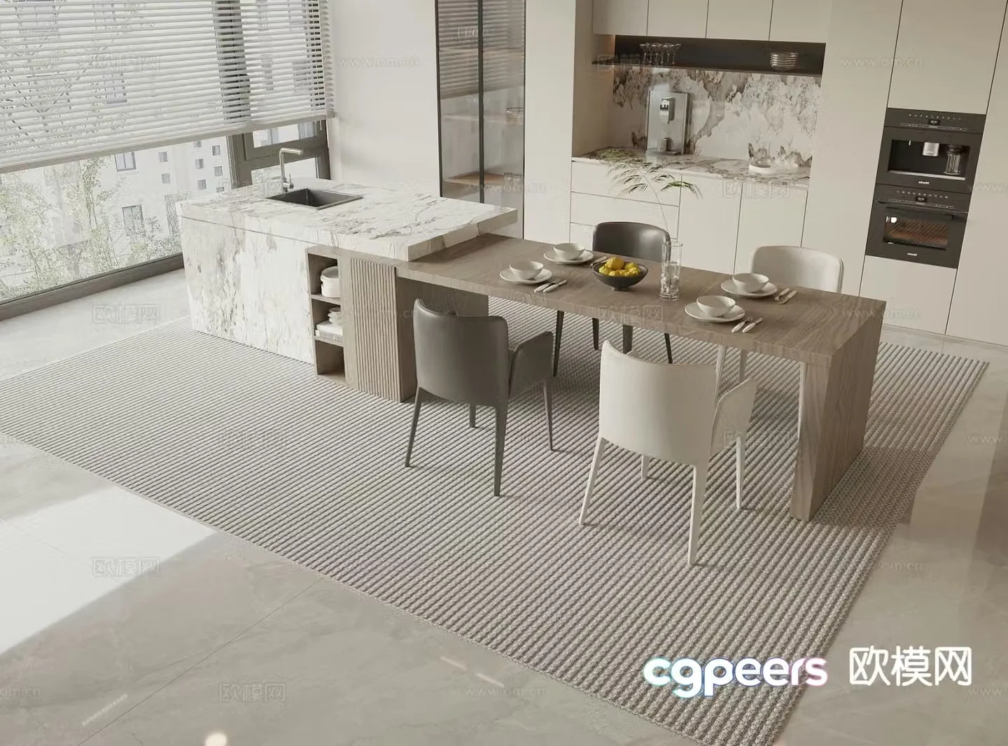 Modern island table dining table and chairs 3d model