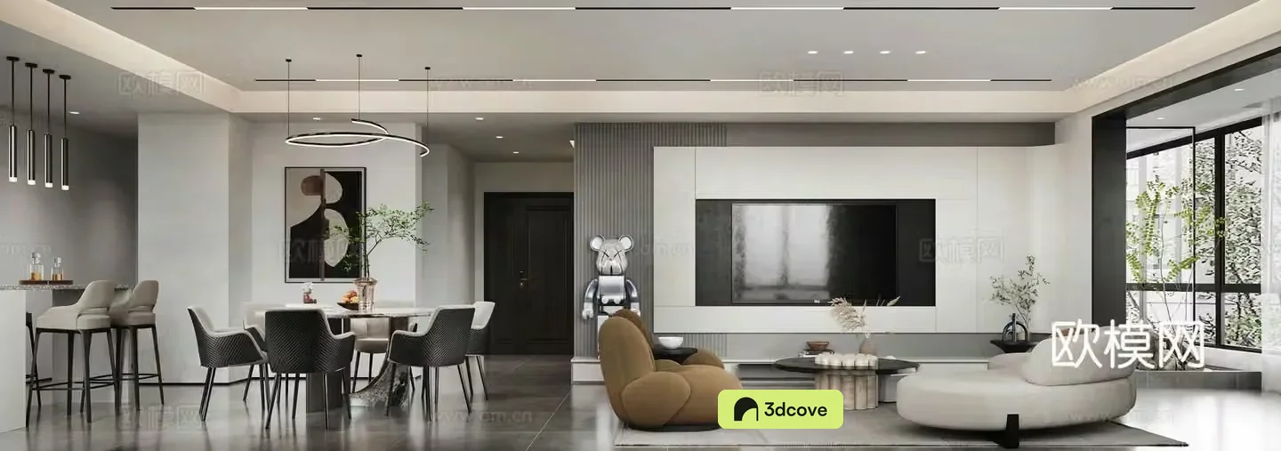 Modern living room and dining room TV background wall round dining table bar lounge chair modern living room light