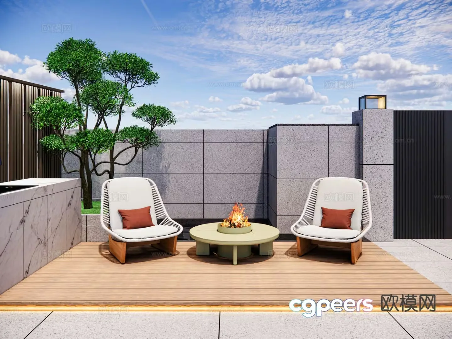 Modern courtyard terrace garden bonfire pile 3d model