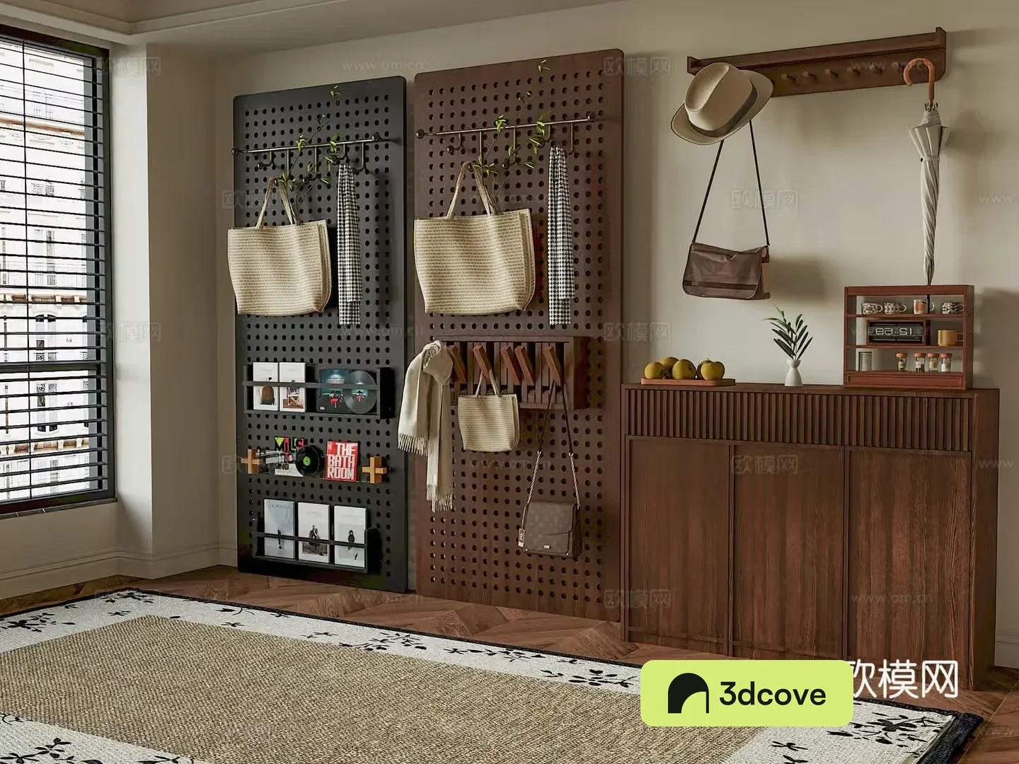 Middle-aged style cave hook porch shoe cabinet 3D model