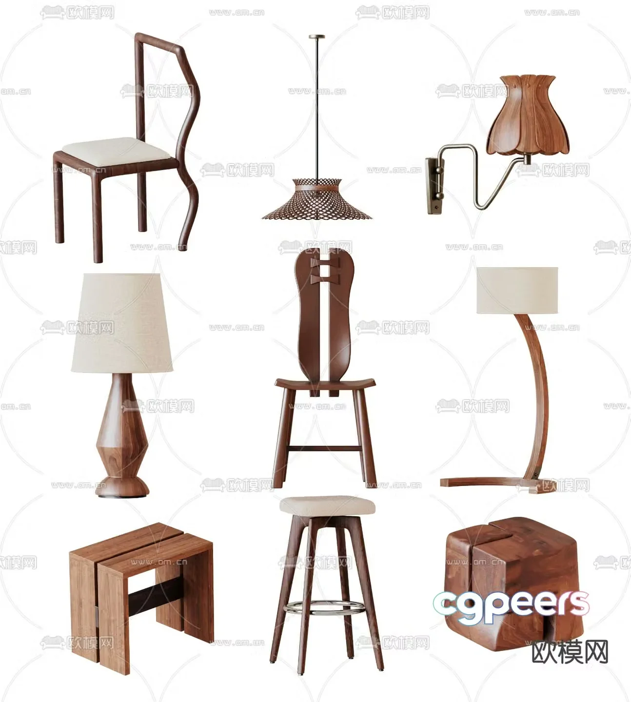 Medieval style furniture chairs stools bar chairs wall lamps table lamps 3D model