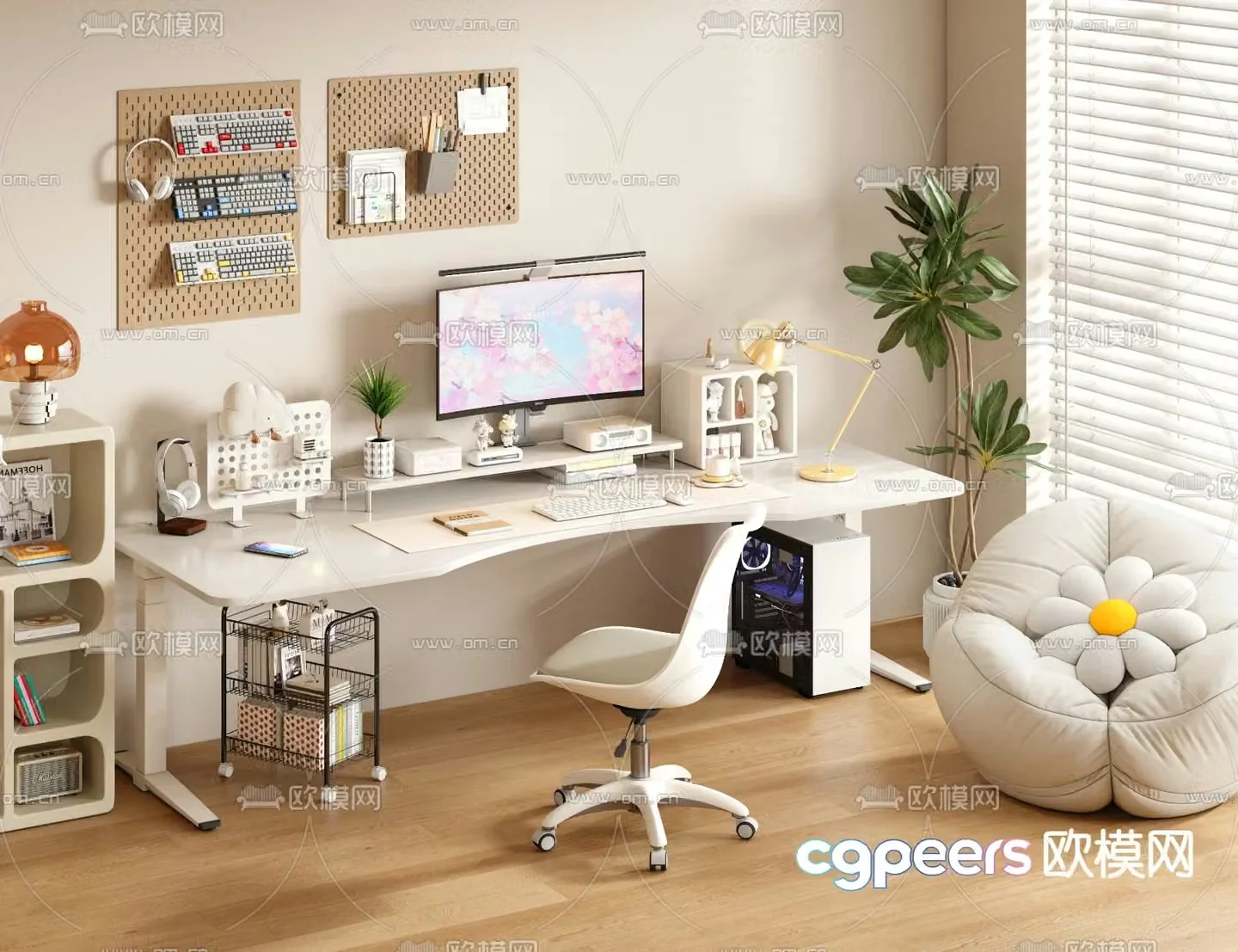 Cream style desk computer desk 3d model