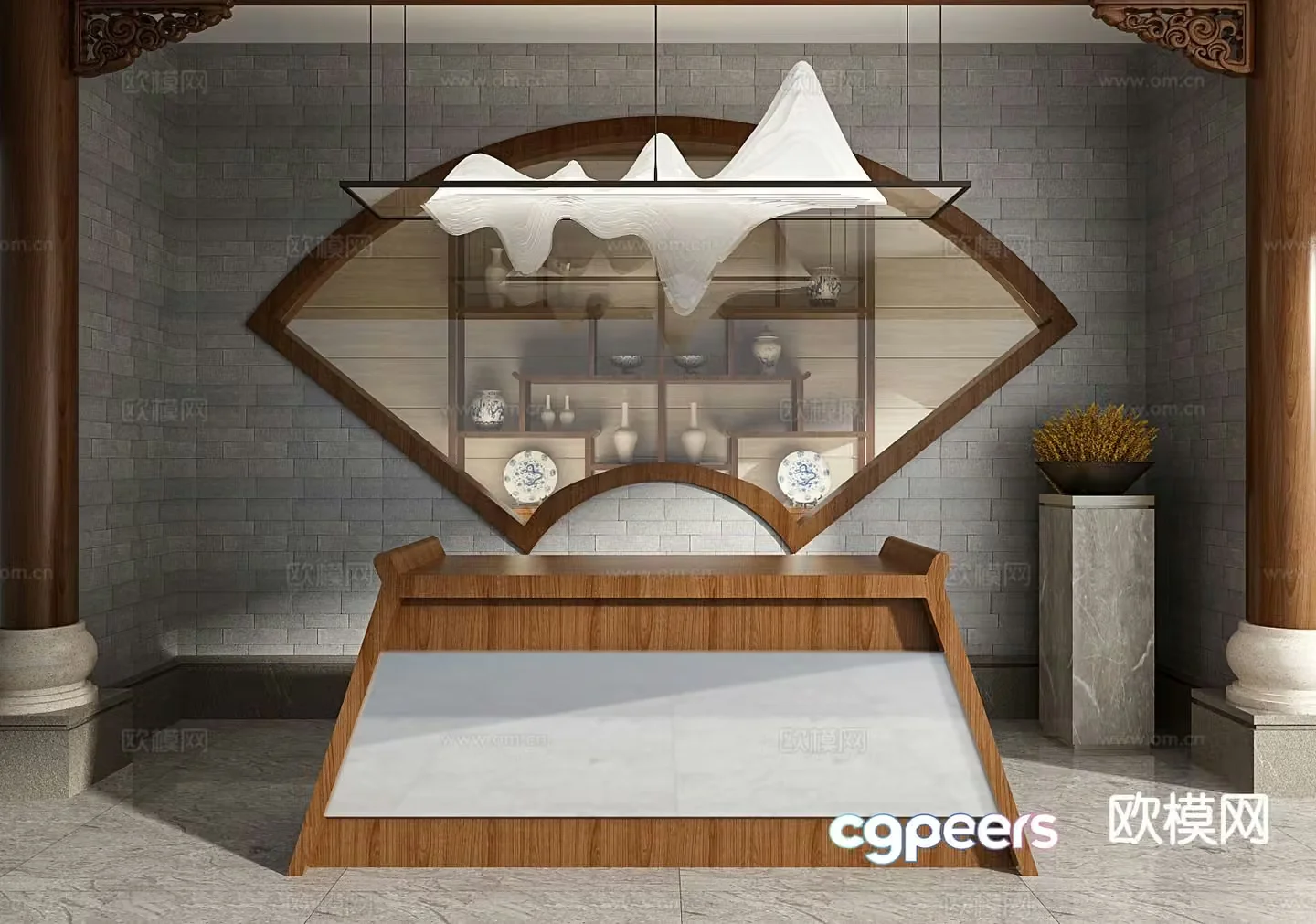 Chinese style front desk reception desk information desk 3d model
