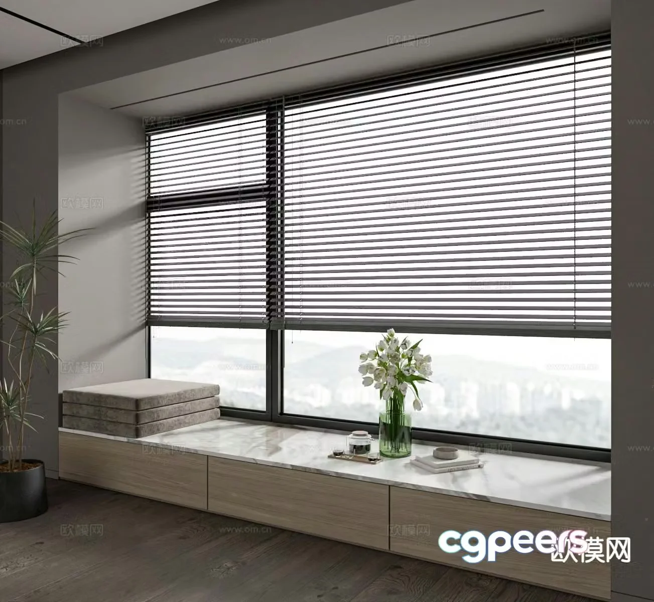 Modern bay window venetian curtain 3d model
