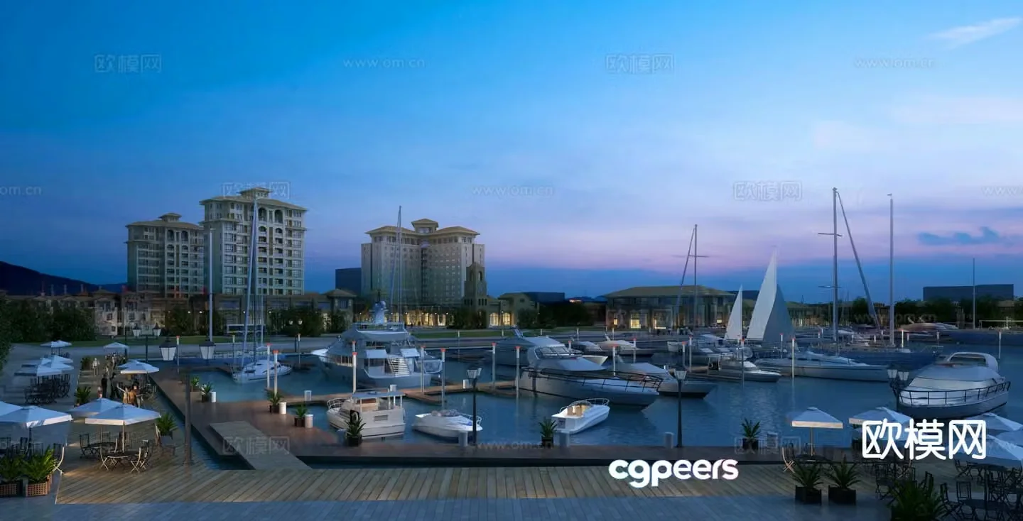 Modern yacht dock night view 3d model