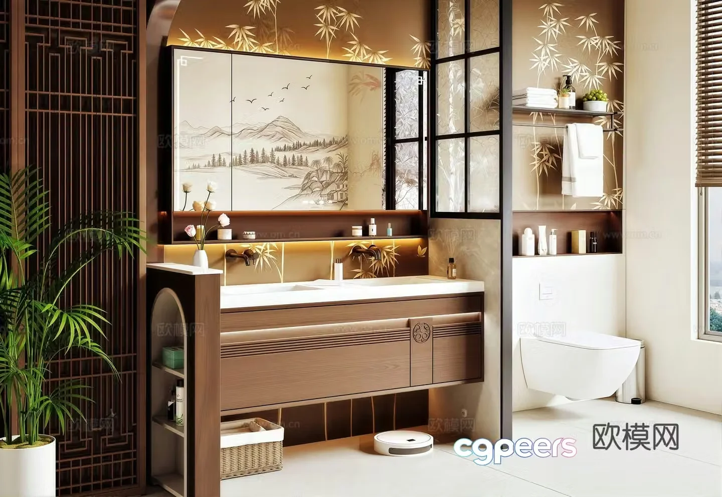 New Chinese Song style bathroom bathroom cabinet toilet partition glass plant potted bath towel rack 3D model