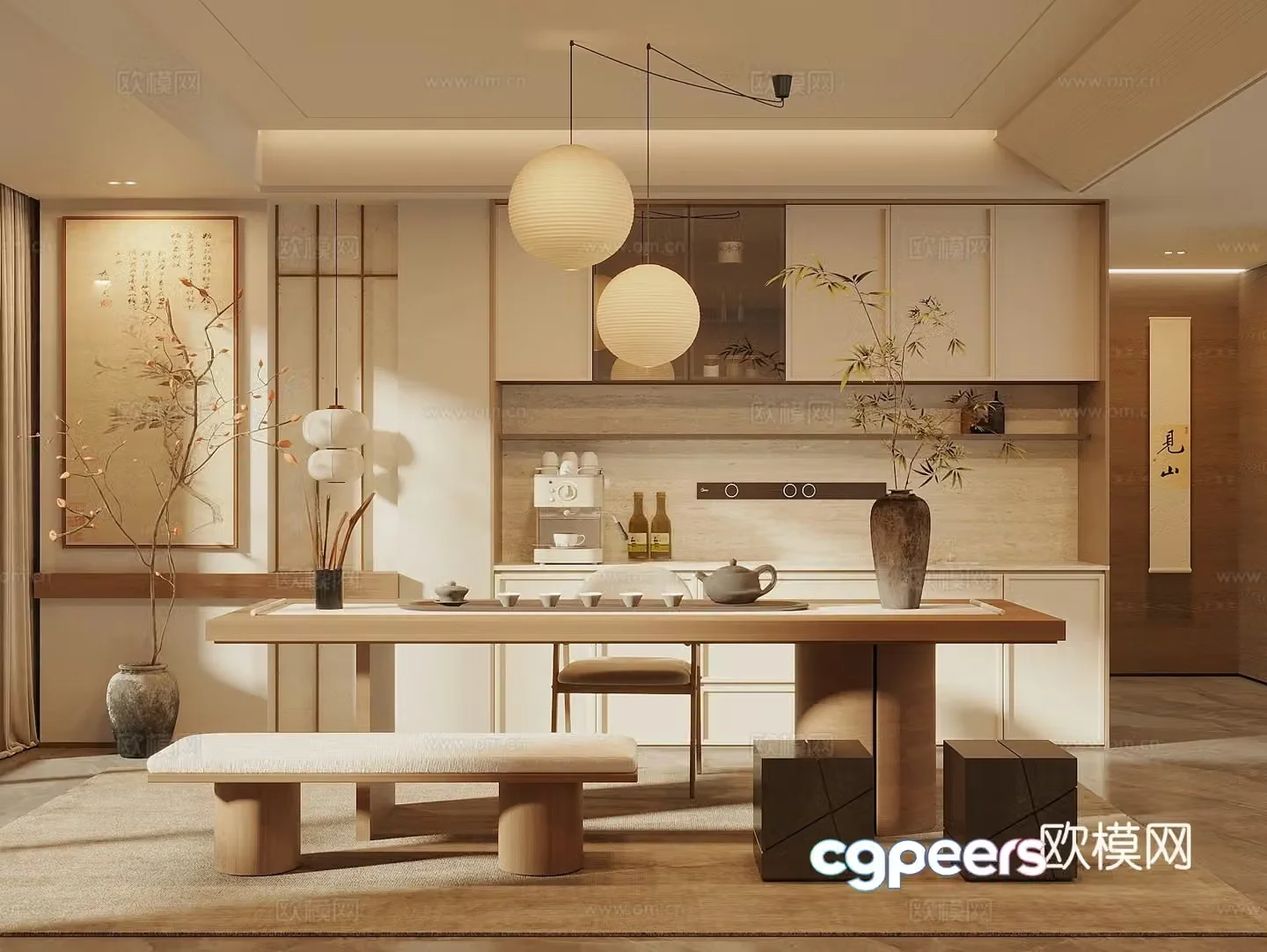 Song’s new stroke tea room tea cabinet sideboard tea table and chair combination art chandeliers hang painting 3D model