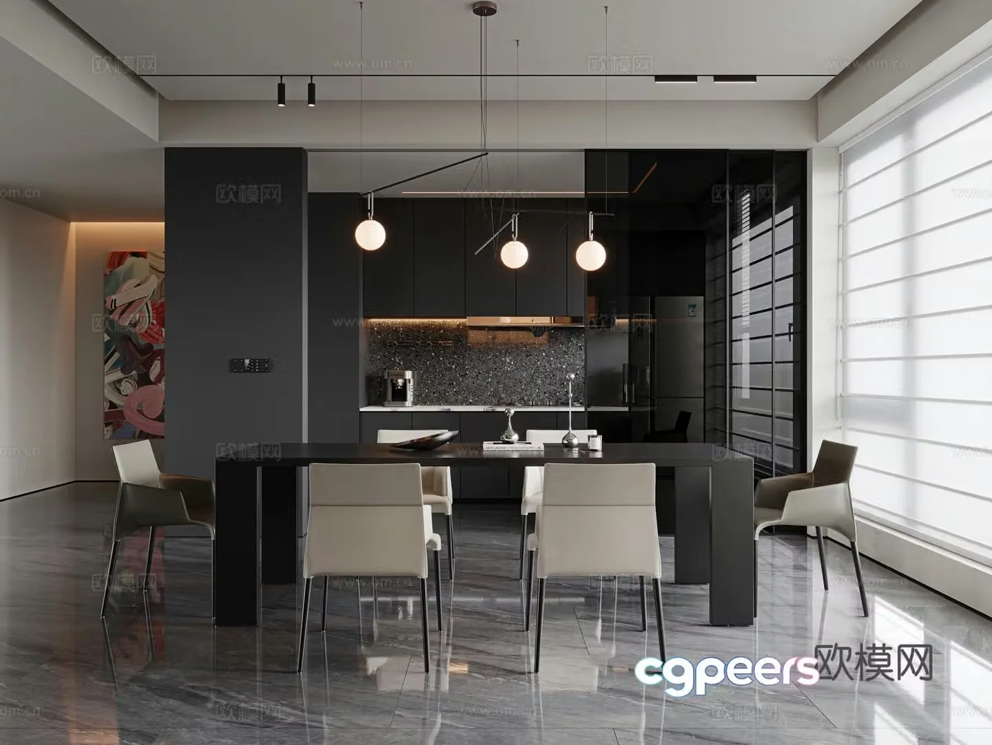 Italian minimalist restaurant dining table and chair combination long dining table single chair leather dining chair closed kitchen 3D model
