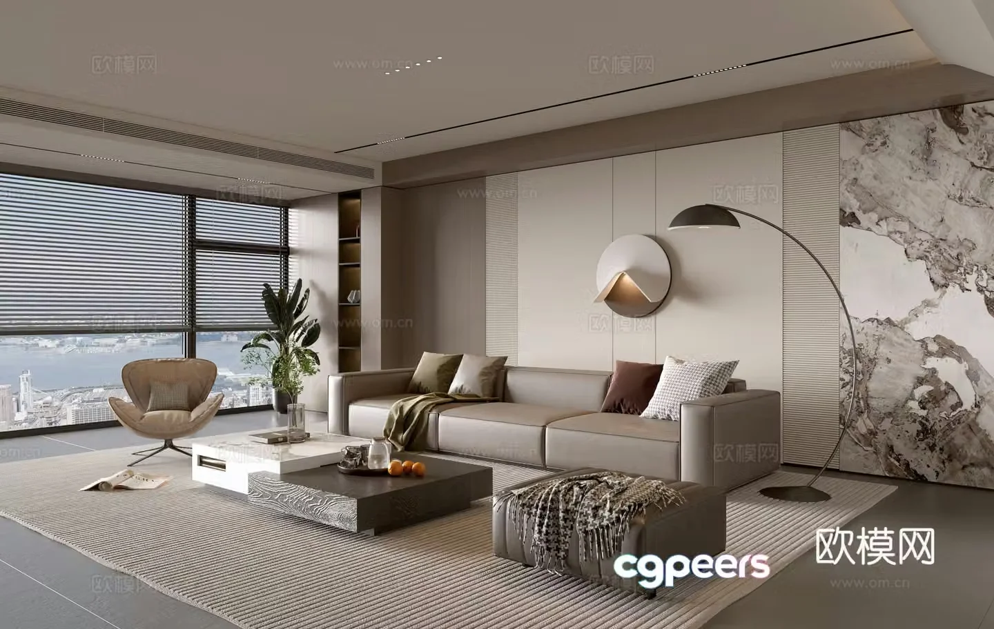 Modern Italian living room light luxury sofa coffee table combination sofa background wall balcony cabinet 3D model
