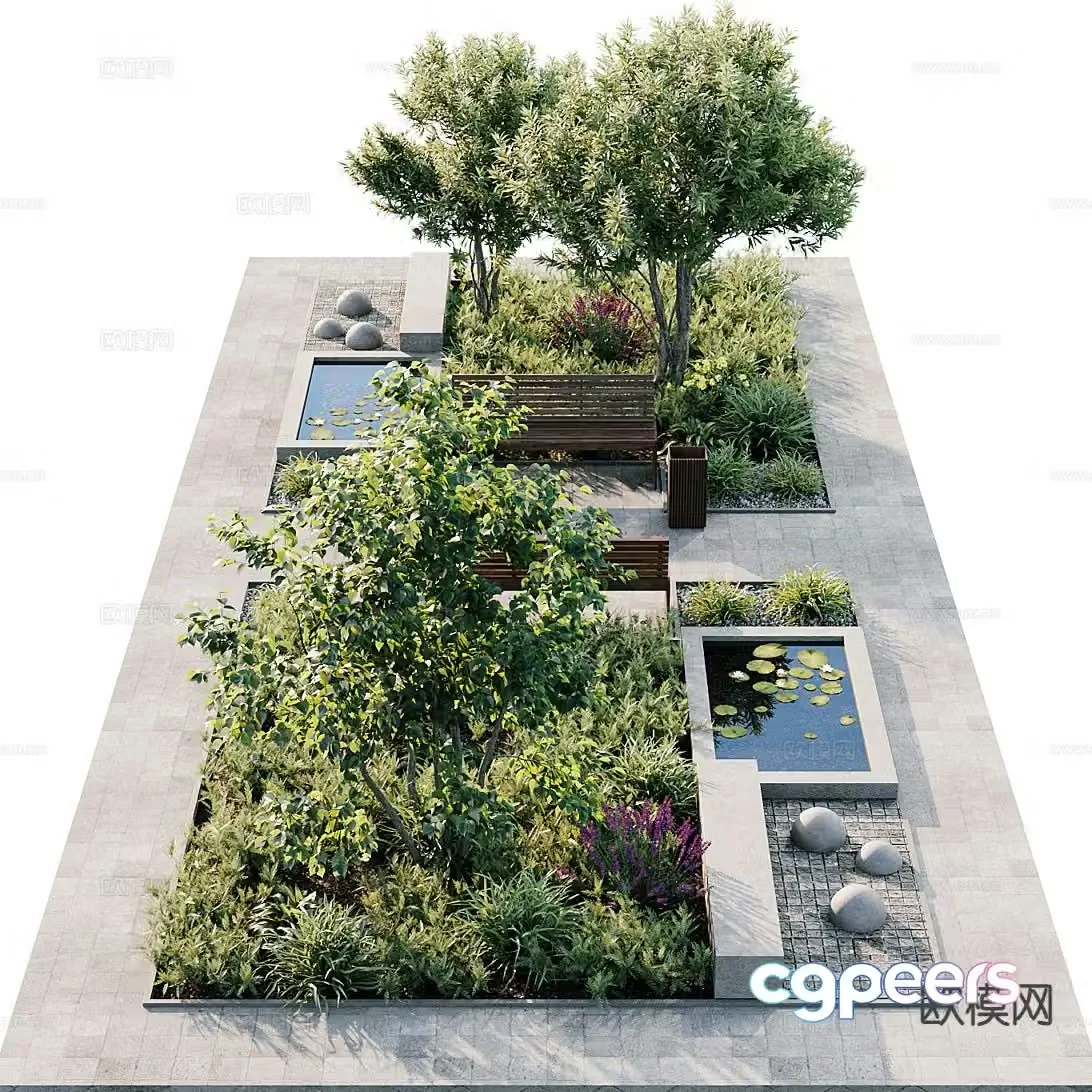 Modern park square green plants garden landscape sketch 3d model