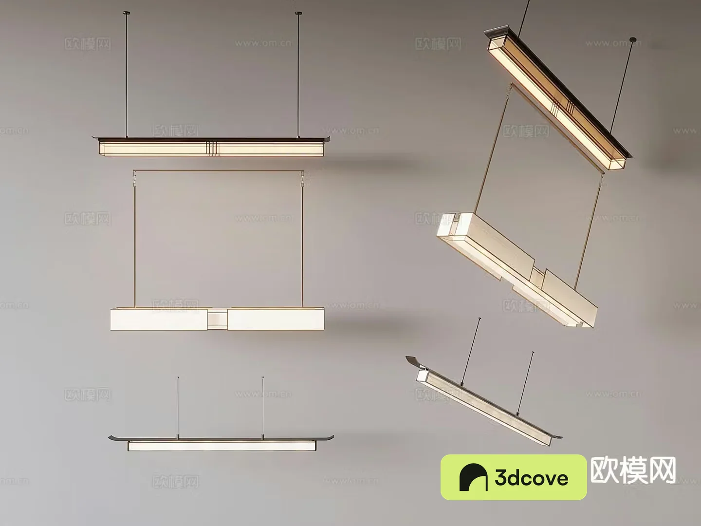 New Chinese style long strip light 3D model of one-word chandelier