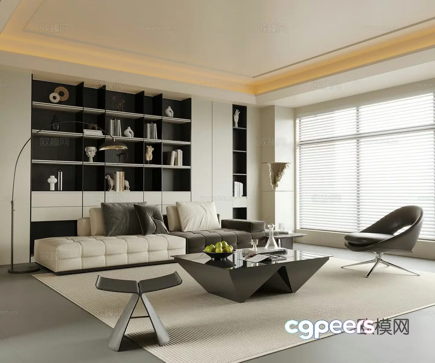 Modern living room sofa coffee table bookcase sofa background wall 3d model