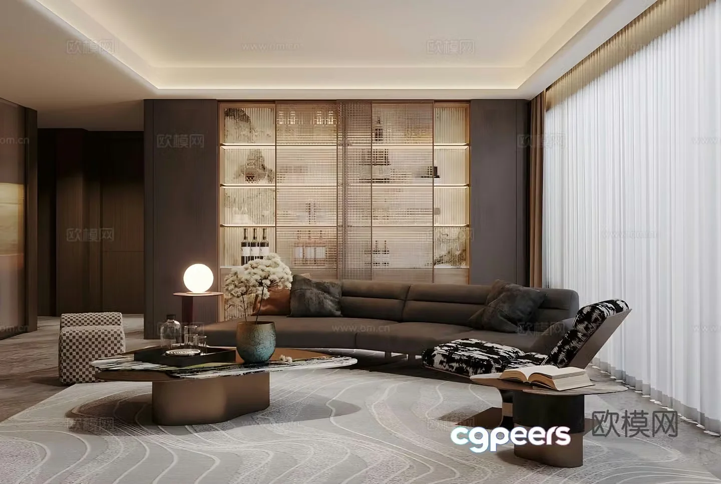 Light luxury Italian home living room high-end gray living room sofa and coffee table combination marble TV background wall 3D model