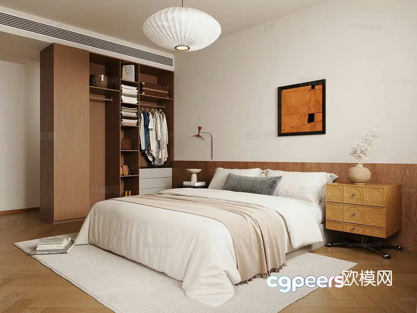 Middle-aged home bedroom retro style double bed retro style bedroom Chinese Song style bedroom bedside table 3D model